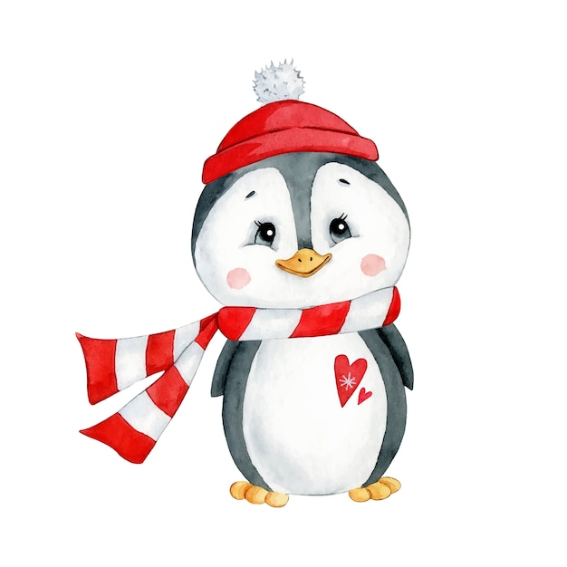 プレミアムベクター 帽子と分離されたスカーフでかわいい漫画冬クリスマスペンギンの水彩イラスト
