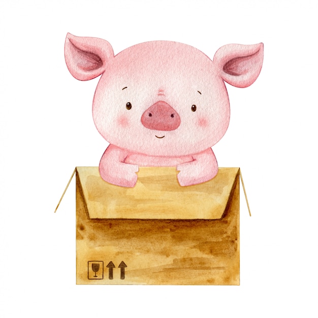 茶色の移動ボックスに座っているフレンドリーな子豚の水彩イラスト プレミアムベクター