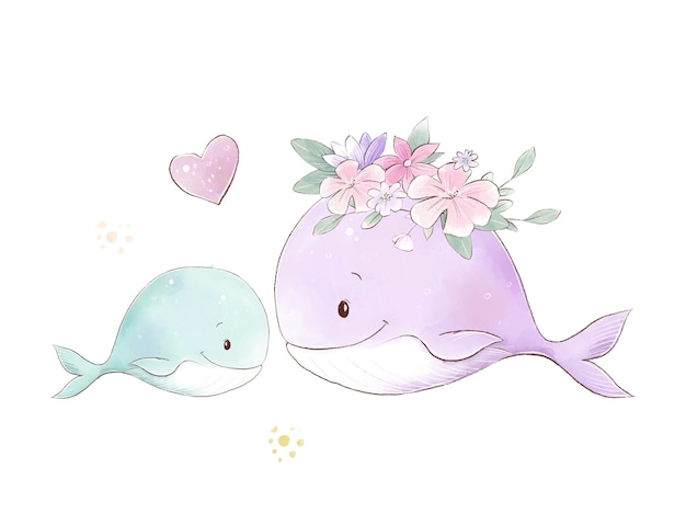 繊細な花とクジラのお母さんと赤ちゃんの水彩イラスト プレミアムベクター