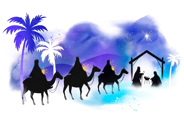 Watercolor illustration of reyes magos arriving to the nativity scene Free Vector