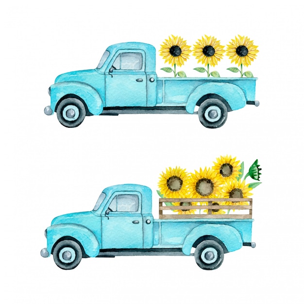 Download Watercolor illustration of a summer light blue farm pickup truck with sunflowers | Premium Vector