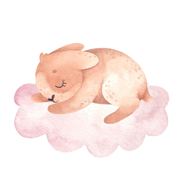 雲の上で眠っているかわいいウサギと水彩イラスト プレミアムベクター