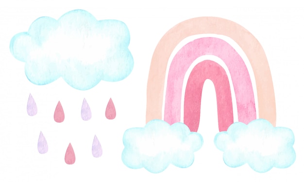 トレンディなカーム中立的な虹 雲 白で隔離される雨滴の水彩イラスト ベビーシャワー 保育園の装飾 プレミアムベクター