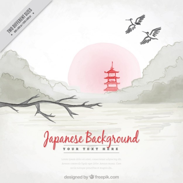 Watercolor japenese background with landscape\
and red temple