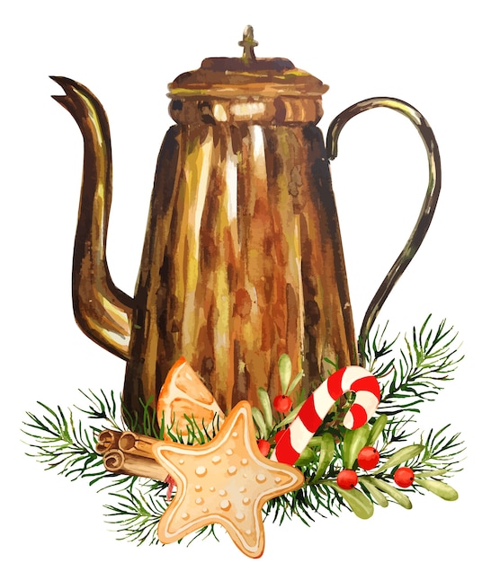 Premium Vector | Watercolor kettle with christmas elements