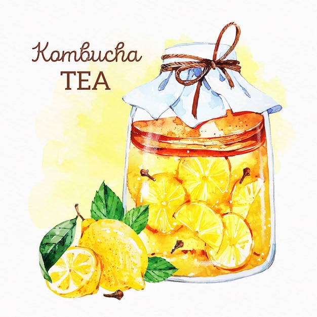 レモンと水彩昆布茶イラスト 無料のベクター