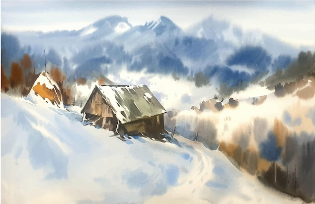 山と雪のイラストと水彩画の風景 プレミアムベクター