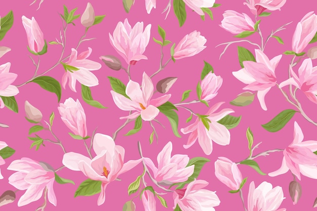 水彩マグノリア花のシームレスなベクトルパターン マグノリアの花 葉 花びら 花の背景 春と夏の結婚式の日本の壁紙 生地 プリント 招待状 背景 カバー プレミアムベクター