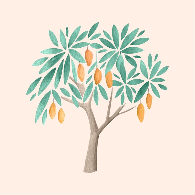 水彩マンゴーの木のイラスト 無料のベクター