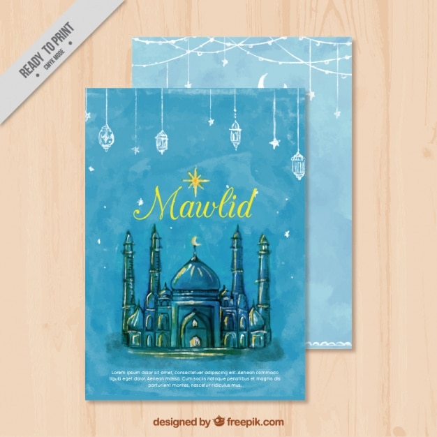 Watercolor mawlid card with beautiful mosque Free Vector