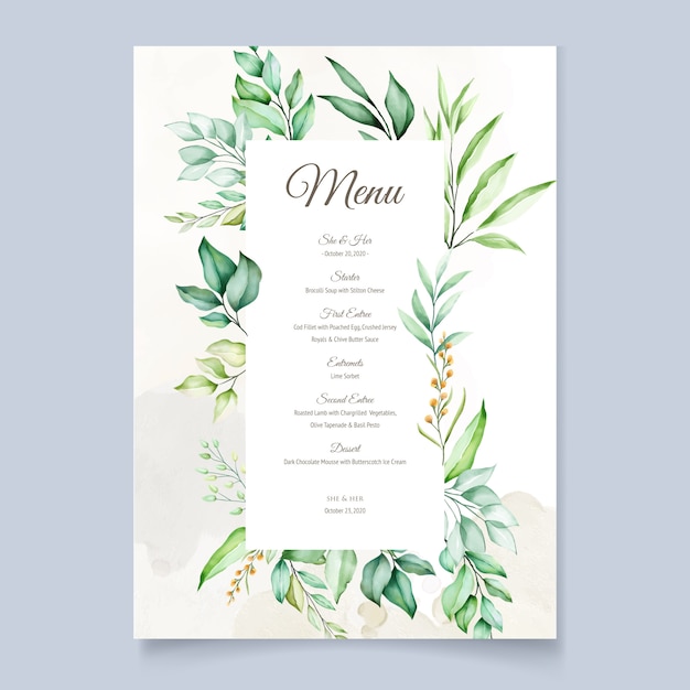 Premium Vector | Watercolor menu card in green leaves