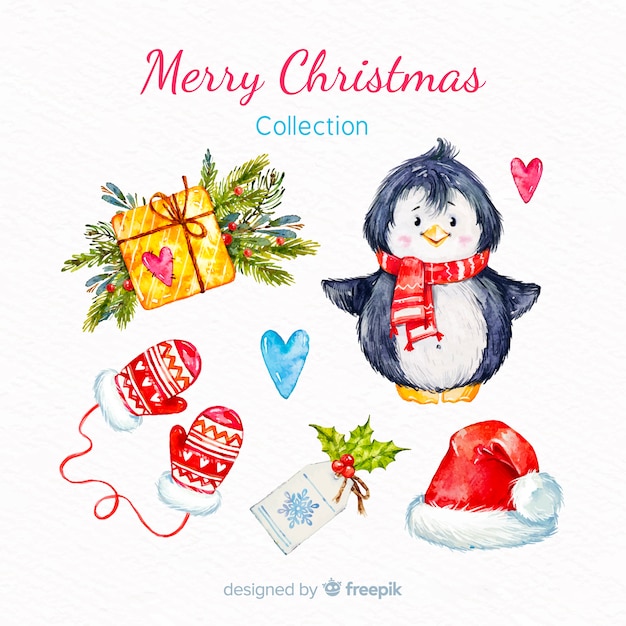 Watercolor merry christmas element collection Free Vector