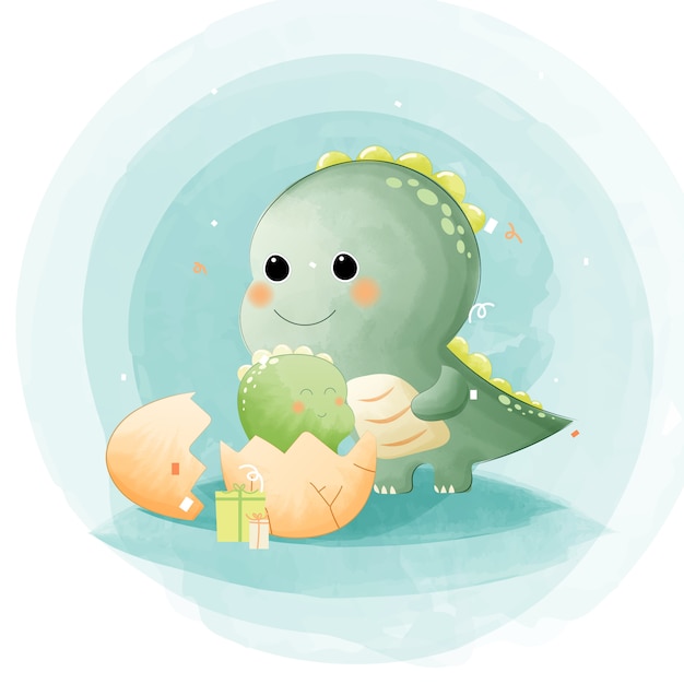 Download Watercolor of mom and baby dinosaur with gift. | Premium ...