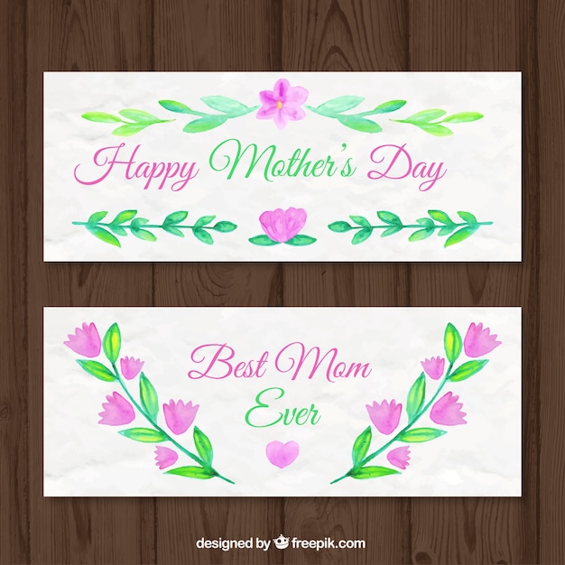 Watercolor mother day banners with flowers and\
leaves