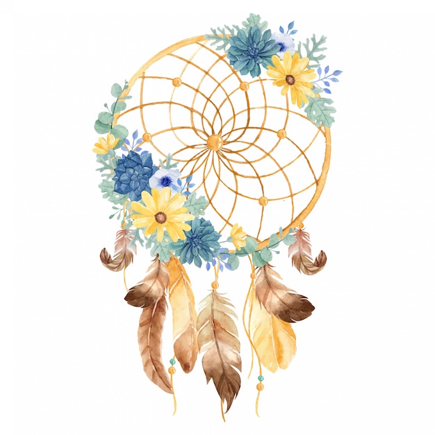 Watercolor ornamental dream catcher with beautiful daisy, succulent, anemone, dusty miller ...