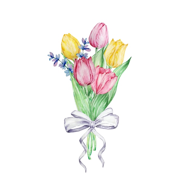 Premium Vector | Watercolor painting spring flowers, bouquet with a bow ...