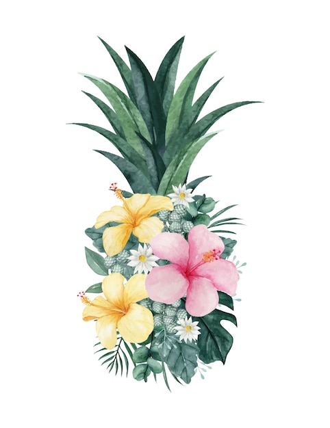 Download Watercolor pineapple illustration with tropical floral ...