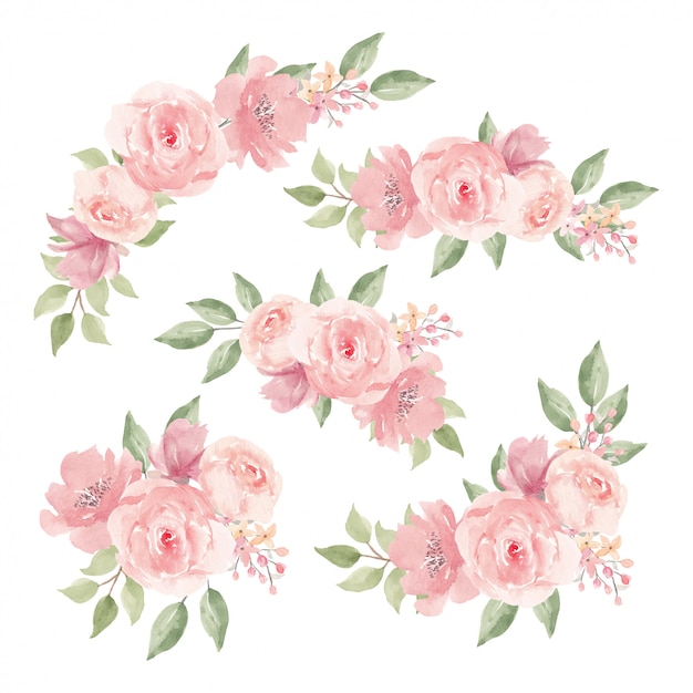 Watercolor Pink Rose Flower Bouquet Decoration Set Premium Vector