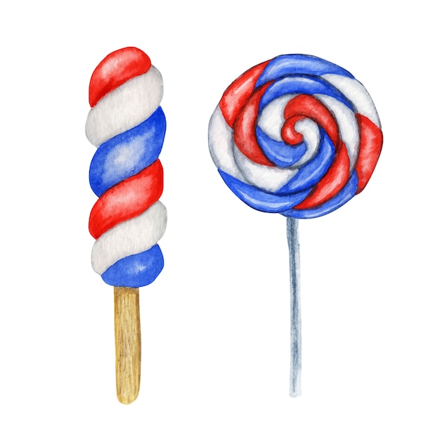 アメリカの国旗の色の水彩画のアイスキャンディーとキャンディーキャンディ 甘いアメリカの愛国心が強いデザインの組成物 アメリカ独立記念日 記念日 旗の日パーティーの装飾の概念 プレミアムベクター