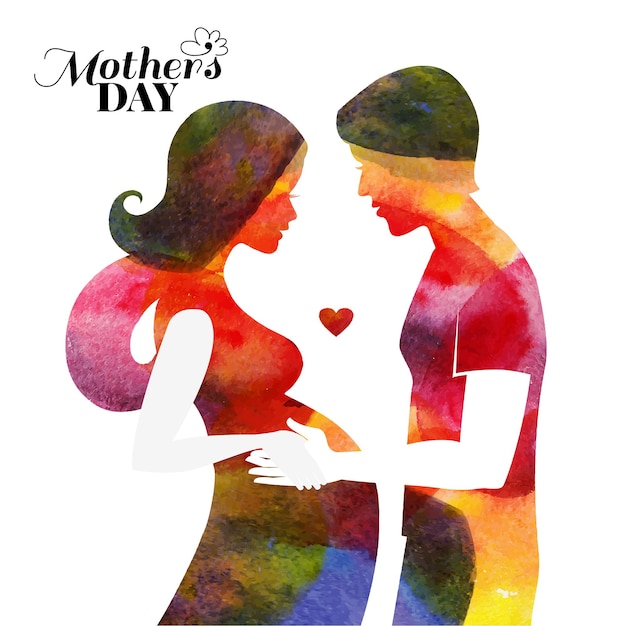 Watercolor pregnant beautiful woman silhouette with her husband. card of happy mothers day. vector i