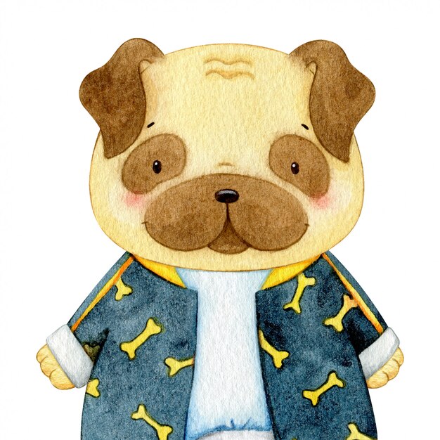 水彩パグ子犬のイラスト かわいい服を着た動物キャラクター プレミアムベクター
