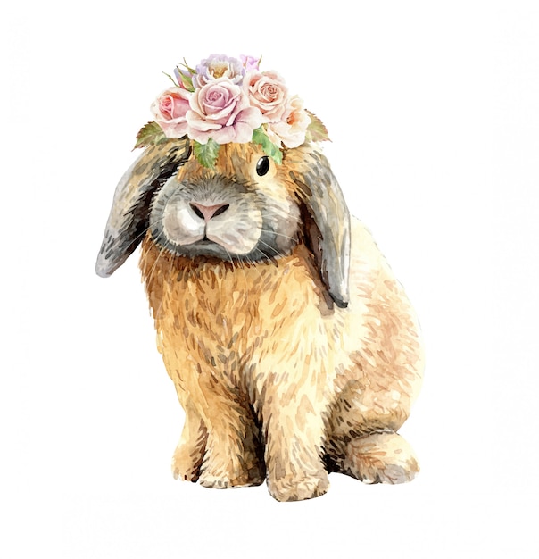 Download Watercolor rabbit with flower bouquet crown | Premium Vector