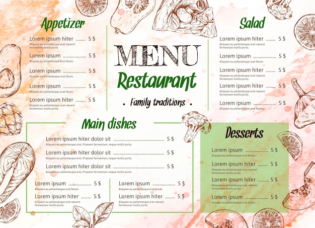 Watercolor restaurant menu template Free Vector - Brown and Orange Warm Watercolor Background Illustration Theme