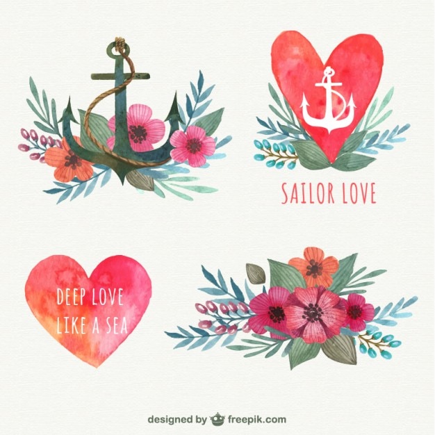 Download Watercolor sailor love pack Vector | Premium Download