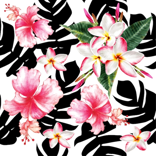 Premium Vector | Watercolor seamless pattern hibiscus flowers.