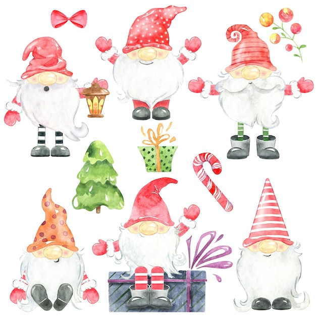 Premium Vector | Watercolor set of christmas gnomes. hand drawn ...