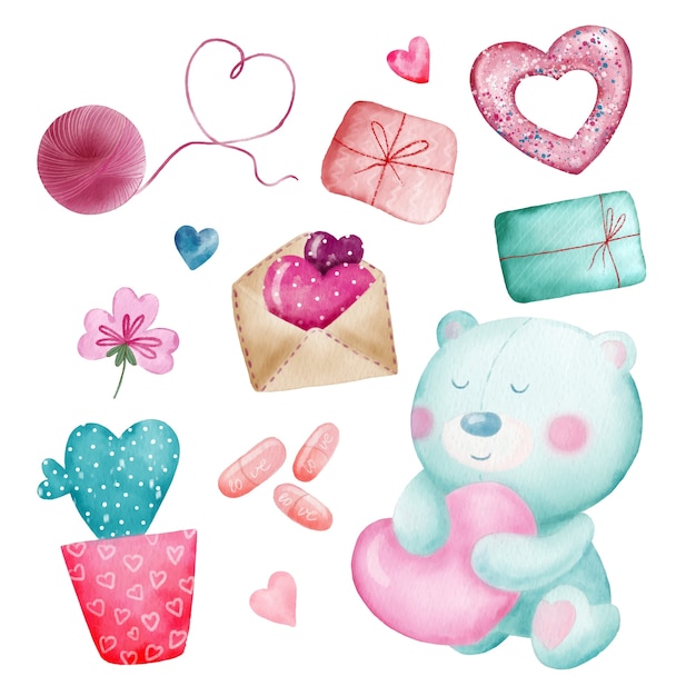 Download Watercolor set of cute romantic stickers for valentine day ...