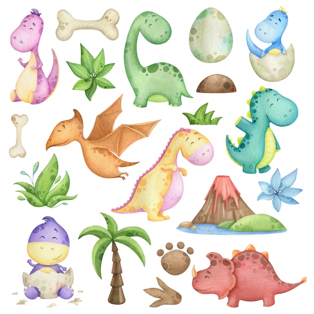 Premium Vector Watercolor Set With Dinosaurs And Design Elements