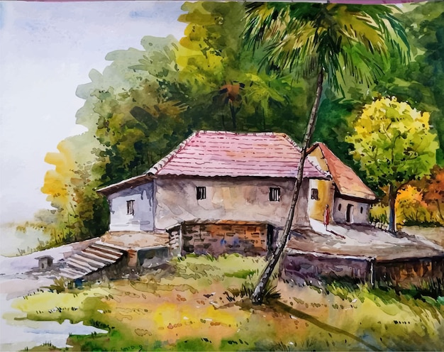 水彩の小さな村の家のイラストプレミアムベクトル プレミアムベクター
