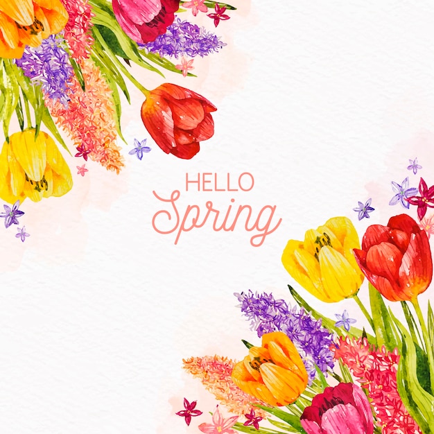 チューリップと花の品揃えと水彩春の背景 プレミアムベクター