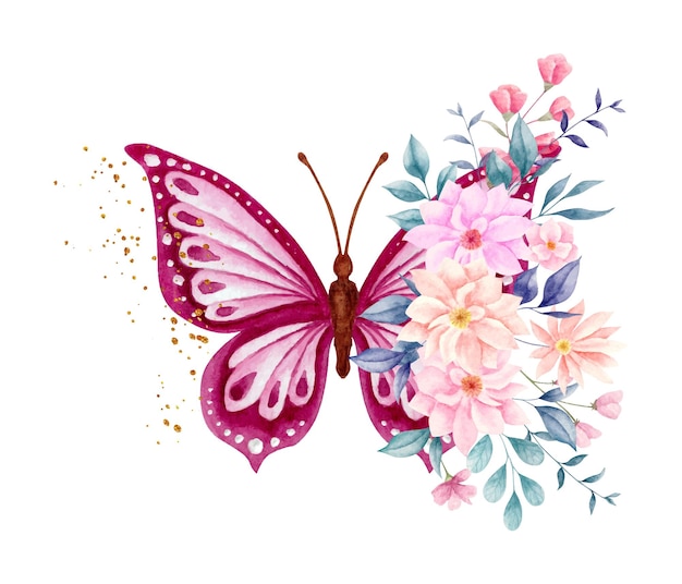 Watercolor spring flowers and leaves bouquet with lovely butterfly Premium Vector