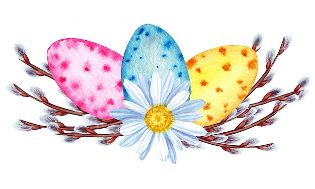 水彩春ハッピーイースターイラスト 塗装イースターエッグ 花 ネコヤナギ プレミアムベクター