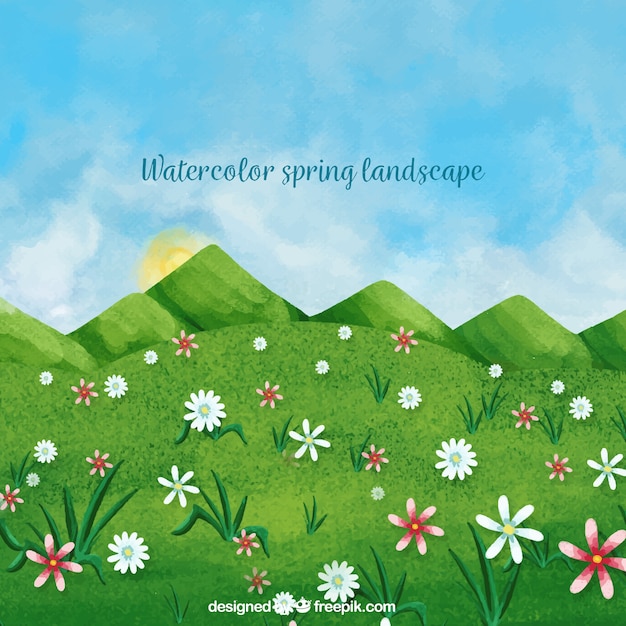 Watercolor spring landscape background with
flowers