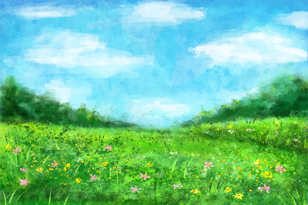 草と花の水彩画の春の風景 無料のベクター