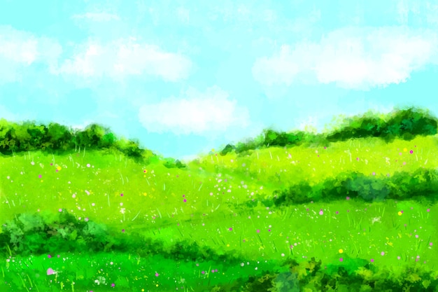 草と空の水彩画の春の風景 無料のベクター