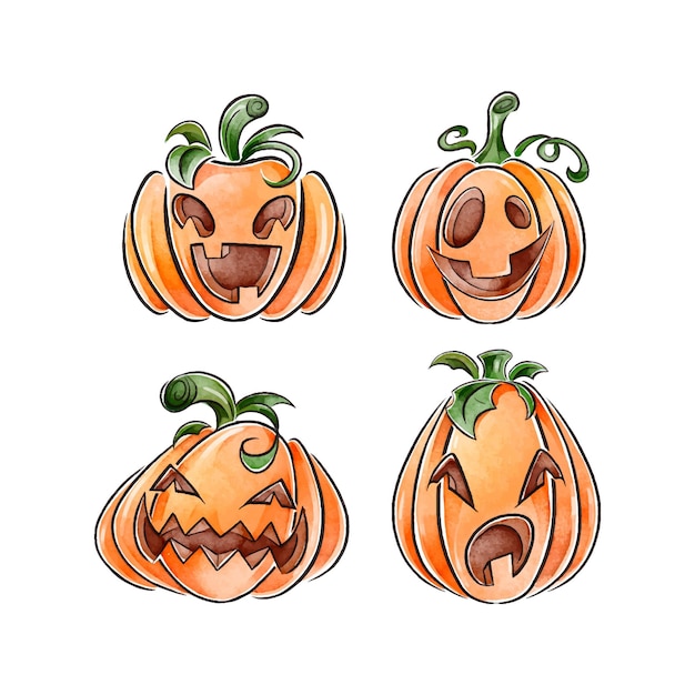 Download Watercolor style halloween pumpkin set | Free Vector