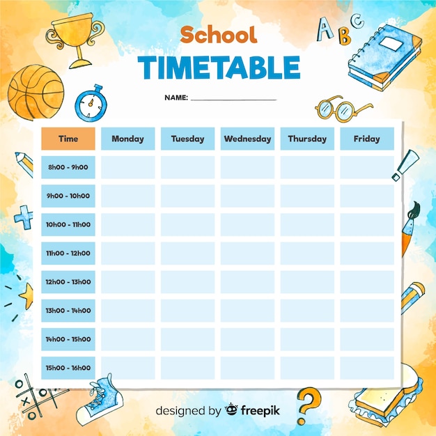 Free Vector | Watercolor style school timetable template