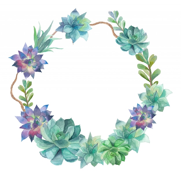 Watercolor succulent wreath. round frame | Premium Vector