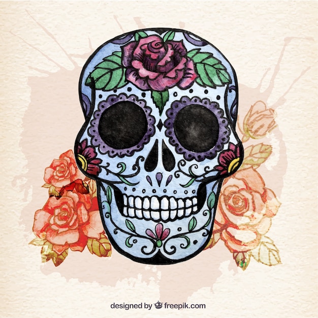 Watercolor sugar skull with flowers | Free Vector