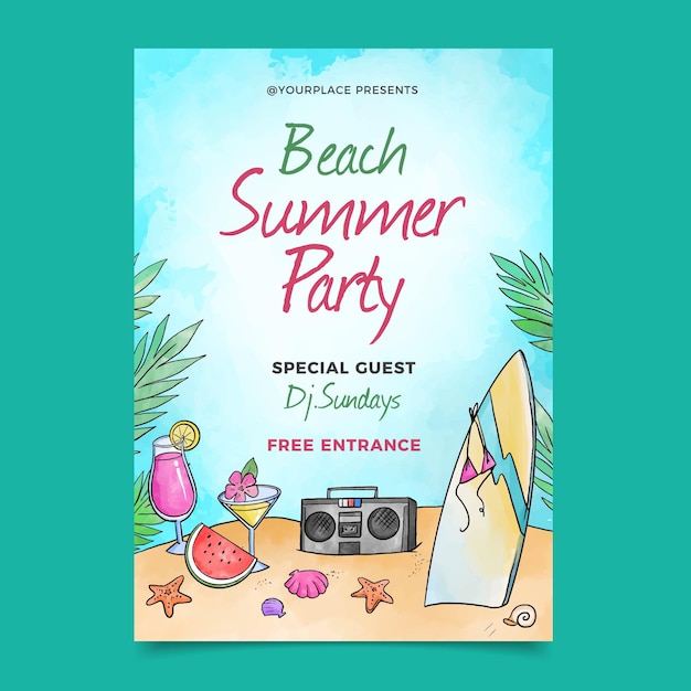 Download Free Vector | Watercolor summer party poster