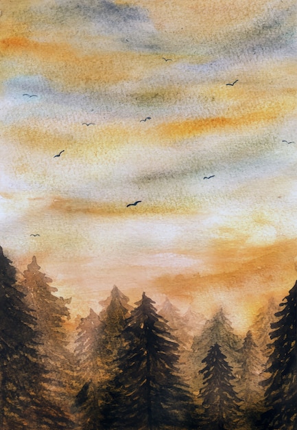 Watercolor Sunset In The Forest Background Premium Vector