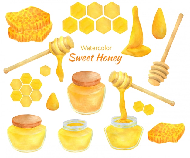 Download Watercolor sweet honey set with jars, dippers and ...