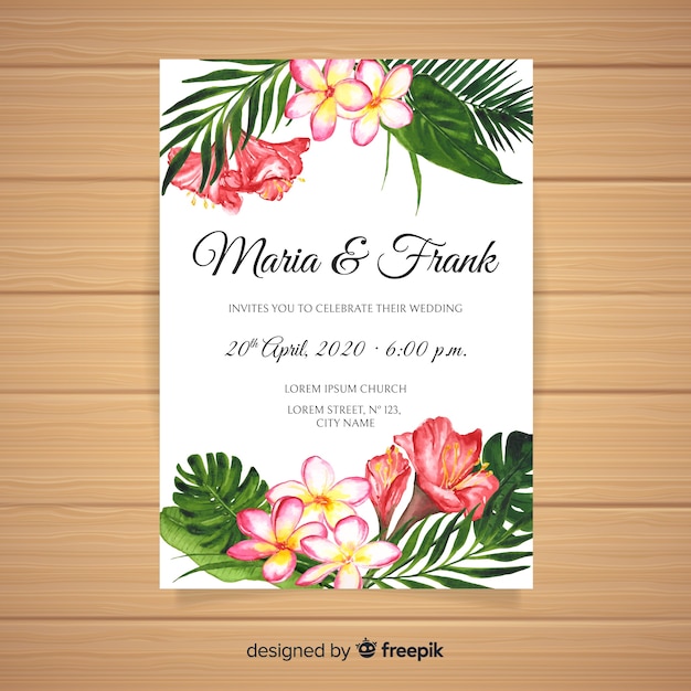 Watercolor tropical wedding invitation Free Vector