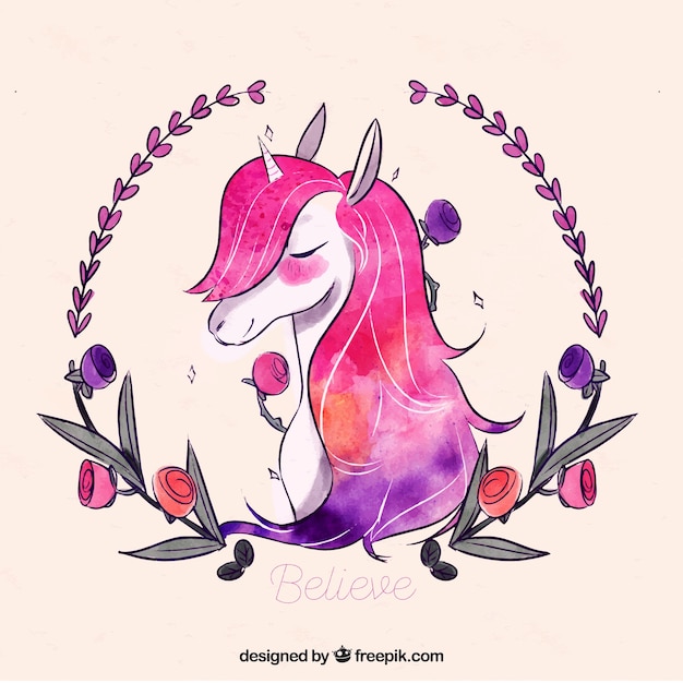 Download Watercolor unicorn background with floral wreath Vector | Free Download