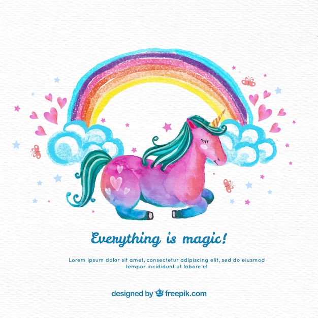Watercolor Unicorn Background With Rainbow Free Vector