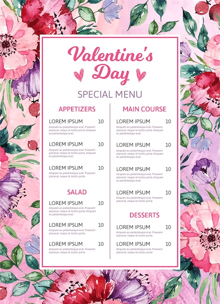 Watercolor floral border valentine's day menu template Free Vector